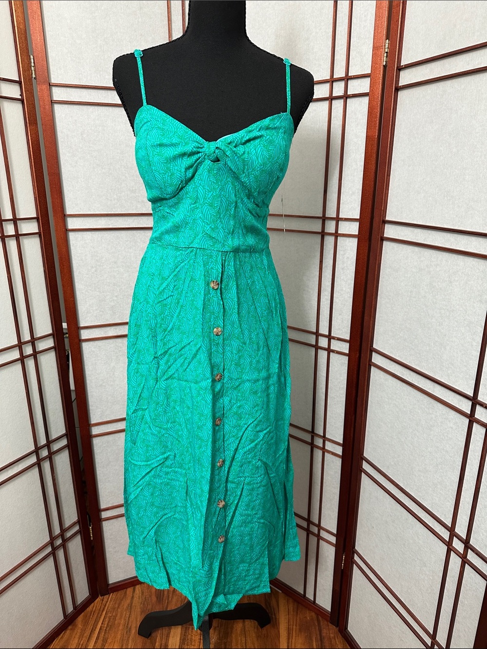 Turquoise Tie-Front Button Midi Dress
